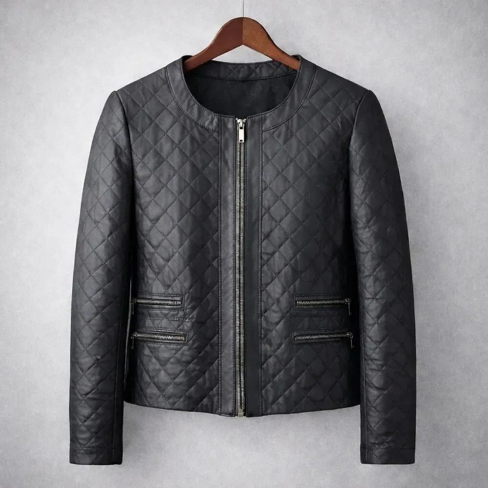 MY TRIBE Quilted Black Lined Leather Full Zip Pockets Jacket Coat Medium USA